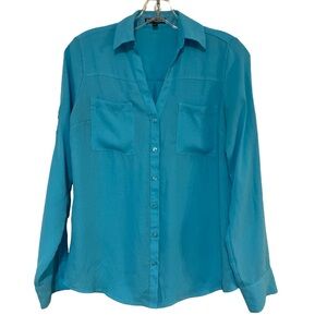 Express Blue Long Sleeve Button Blouse Collar Dress Shirt - Size XS